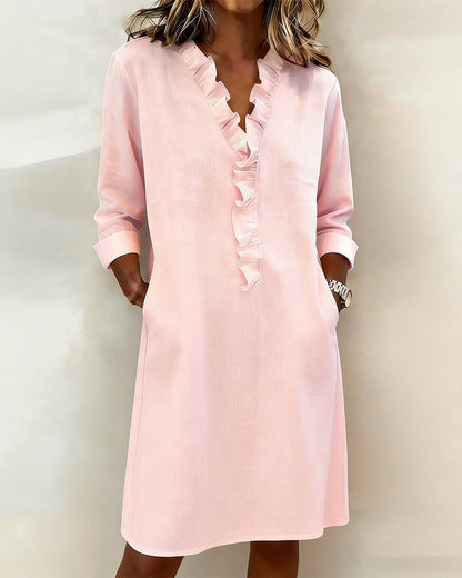 Femme Robe Midi Manches Longues col V à Volants Coupe Droite