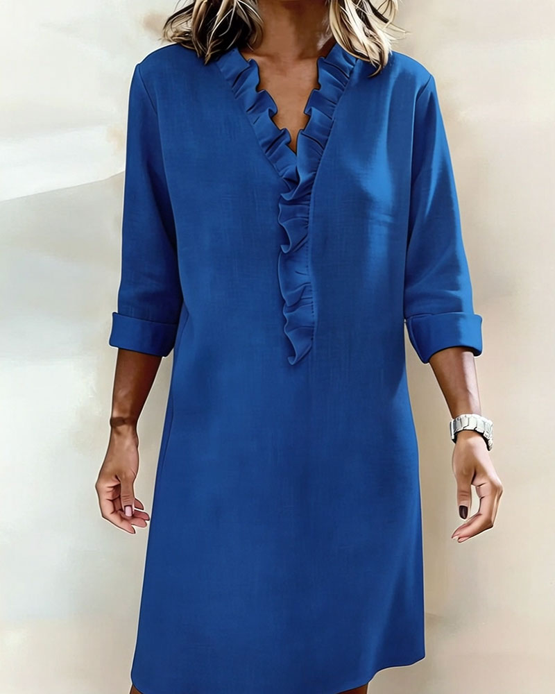 Femme Robe Midi Manches Longues col V à Volants Coupe Droite