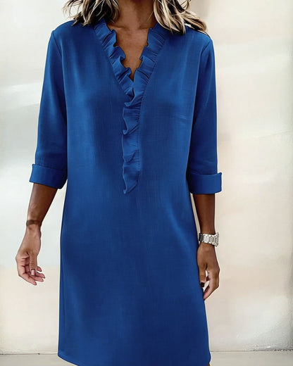 Femme Robe Midi Manches Longues col V à Volants Coupe Droite