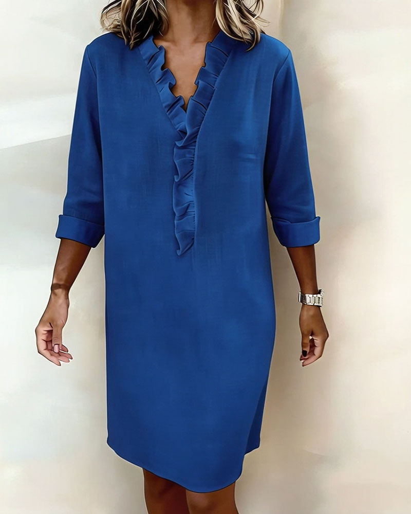 Femme Robe Midi Manches Longues col V à Volants Coupe Droite