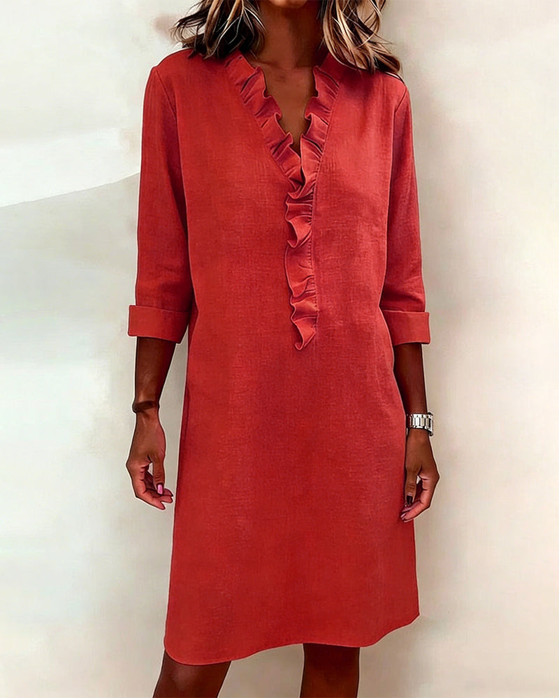 Femme Robe Midi Manches Longues col V à Volants Coupe Droite