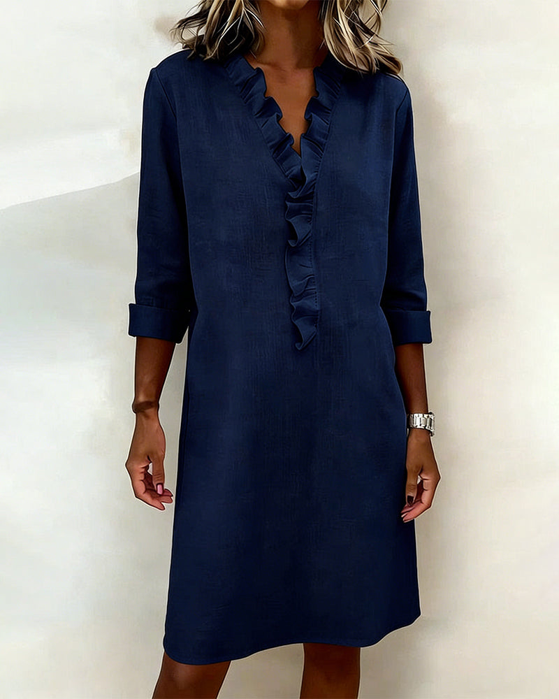 Femme Robe Midi Manches Longues col V à Volants Coupe Droite
