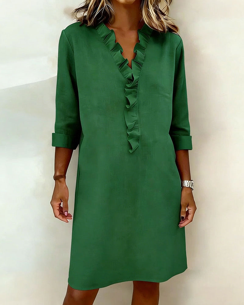 Femme Robe Midi Manches Longues col V à Volants Coupe Droite