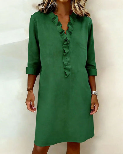 Femme Robe Midi Manches Longues col V à Volants Coupe Droite