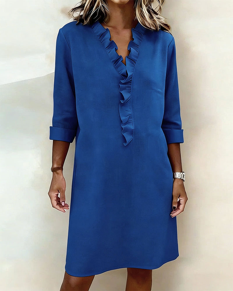 Femme Robe Midi Manches Longues col V à Volants Coupe Droite