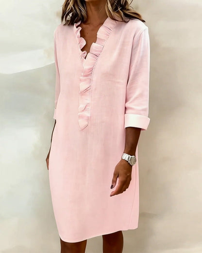 Femme Robe Midi Manches Longues col V à Volants Coupe Droite