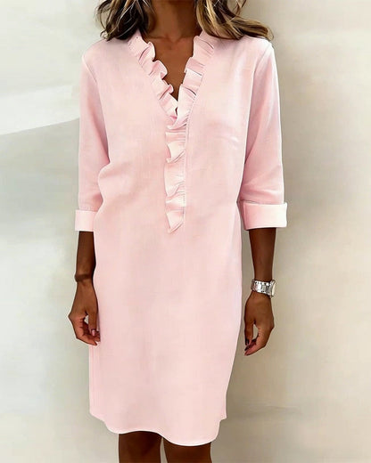 Femme Robe Midi Manches Longues col V à Volants Coupe Droite