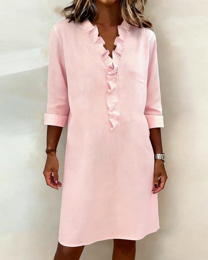 Femme Robe Midi Manches Longues col V à Volants Coupe Droite
