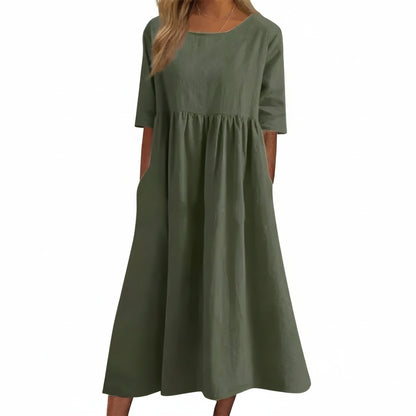 Femme Robe Midi Manches Trois-Quarts col Rond Taille Froncée et Poches