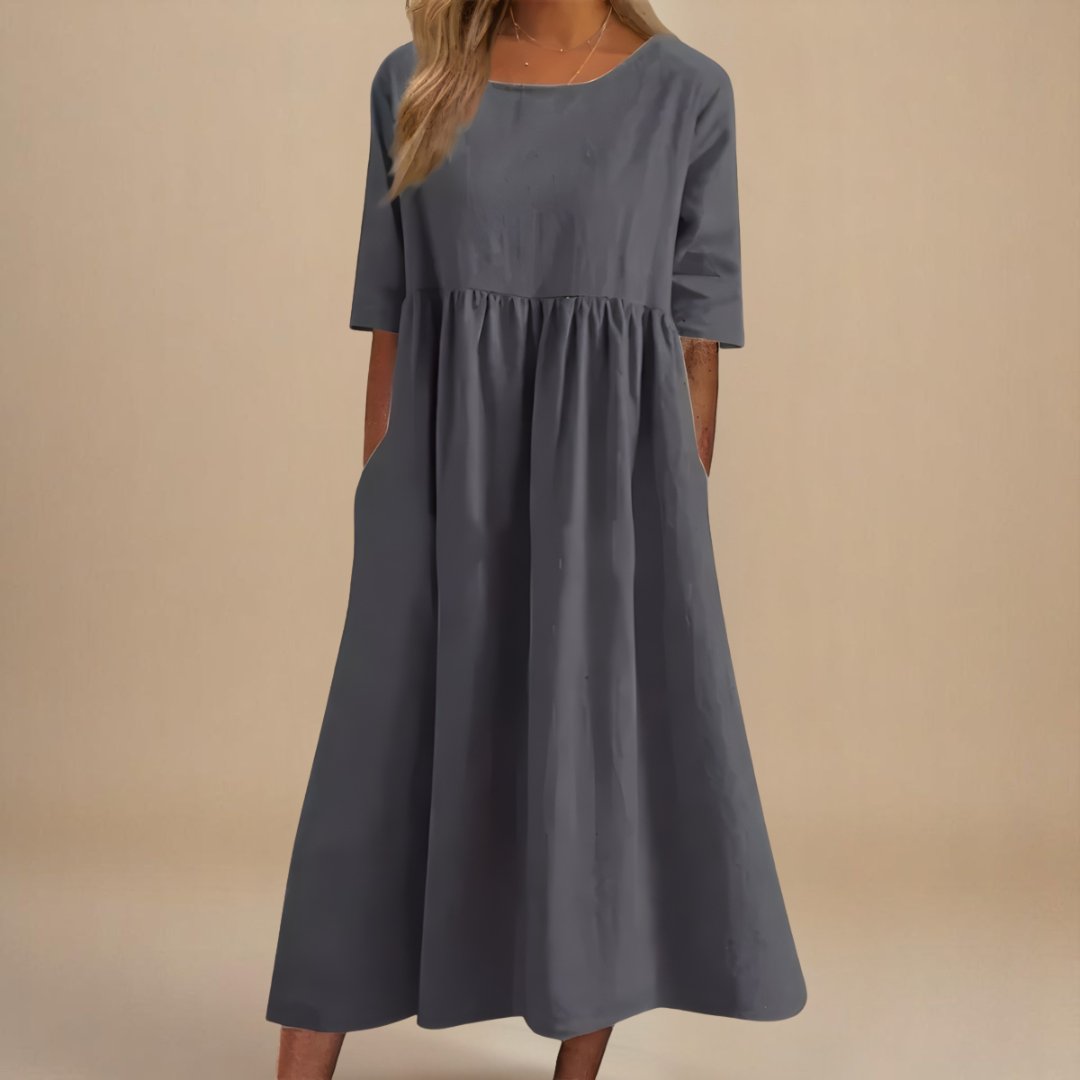 Femme Robe Midi Manches Trois-Quarts col Rond Taille Froncée et Poches