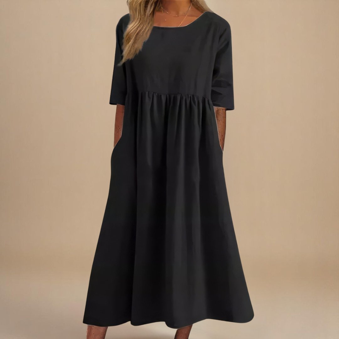 Femme Robe Midi Manches Trois-Quarts col Rond Taille Froncée et Poches