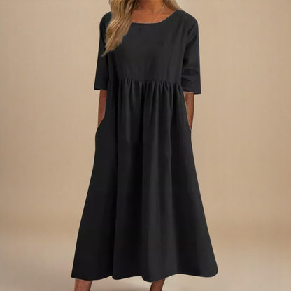 Femme Robe Midi Manches Trois-Quarts col Rond Taille Froncée et Poches