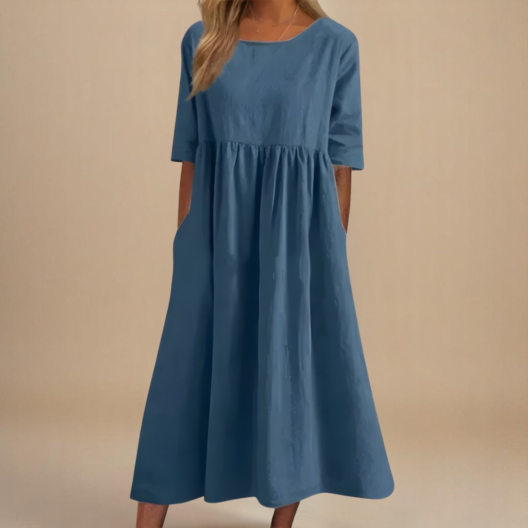 Femme Robe Midi Manches Trois-Quarts col Rond Taille Froncée et Poches