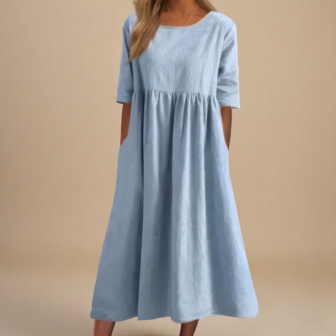 Femme Robe Midi Manches Trois-Quarts col Rond Taille Froncée et Poches