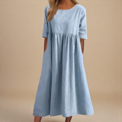 Femme Robe Midi Manches Trois-Quarts col Rond Taille Froncée et Poches