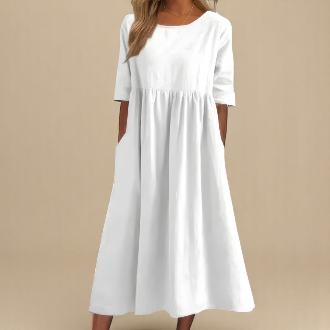 Femme Robe Midi Manches Trois-Quarts col Rond Taille Froncée et Poches