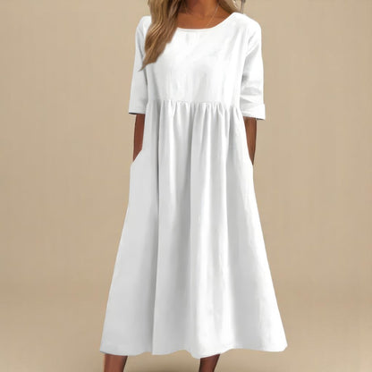 Femme Robe Midi Manches Trois-Quarts col Rond Taille Froncée et Poches