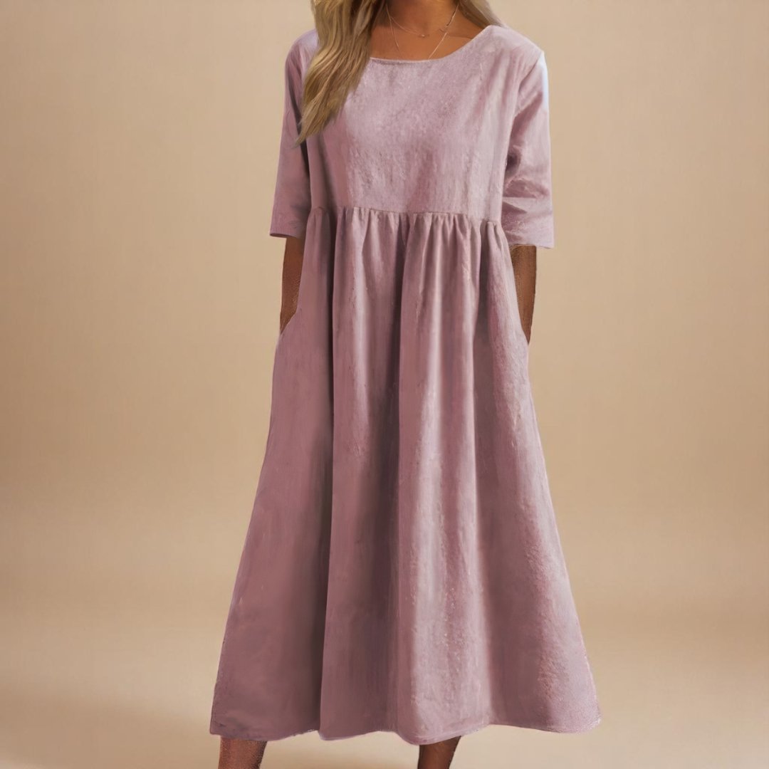 Femme Robe Midi Manches Trois-Quarts col Rond Taille Froncée et Poches