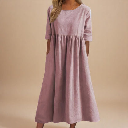Femme Robe Midi Manches Trois-Quarts col Rond Taille Froncée et Poches