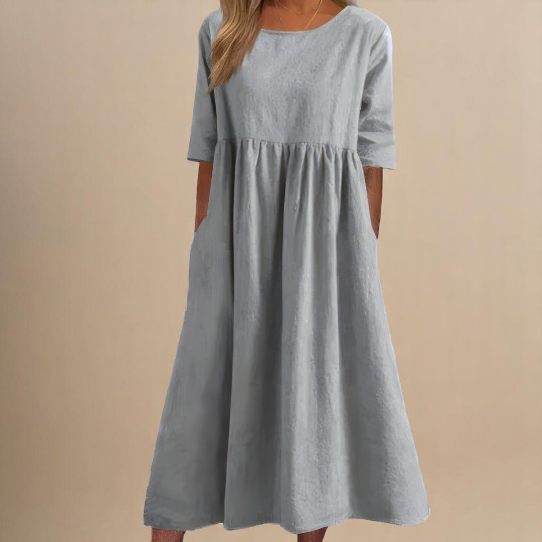 Femme Robe Midi Manches Trois-Quarts col Rond Taille Froncée et Poches