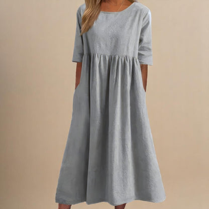 Femme Robe Midi Manches Trois-Quarts col Rond Taille Froncée et Poches