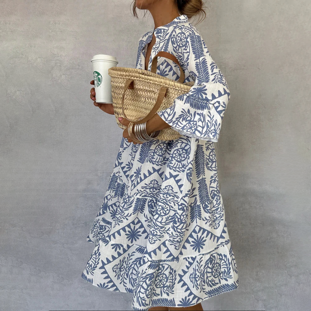 Femme Robe Midi Oversize à Imprimé Bohème avec Col V et Manches Trois-Quarts