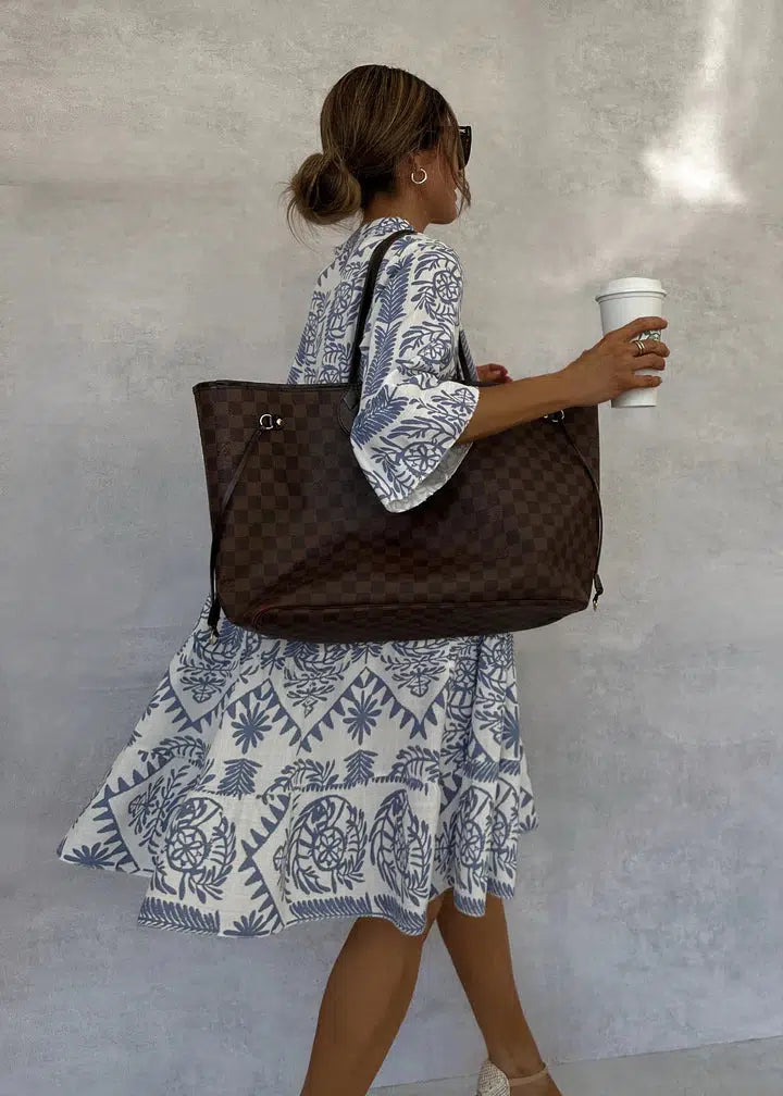 Femme Robe Midi Oversize à Imprimé Bohème avec Col V et Manches Trois-Quarts