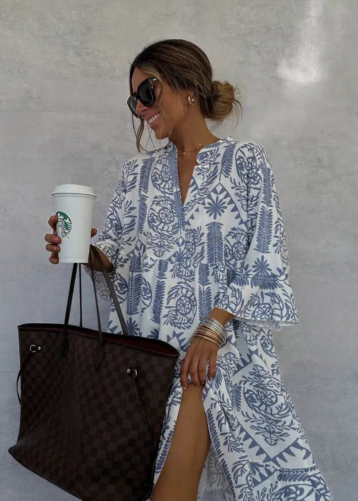 Femme Robe Midi Oversize à Imprimé Bohème avec Col V et Manches Trois-Quarts