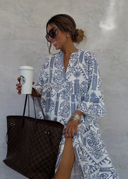 Femme Robe Midi Oversize à Imprimé Bohème avec Col V et Manches Trois-Quarts