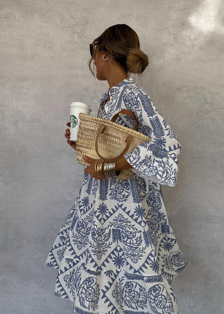 Femme Robe Midi Oversize à Imprimé Bohème avec Col V et Manches Trois-Quarts