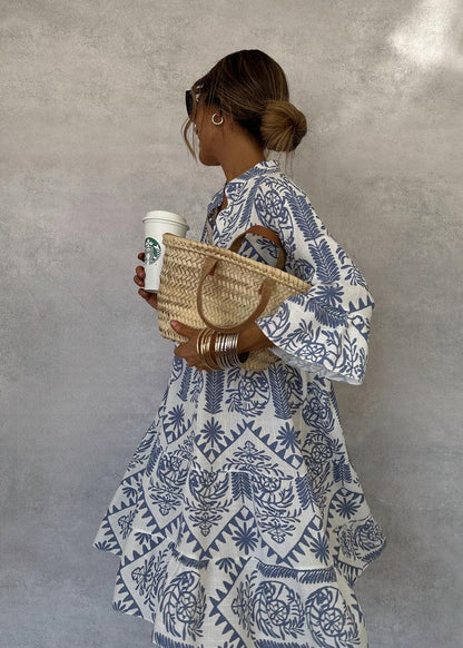 Femme Robe Midi Oversize à Imprimé Bohème avec Col V et Manches Trois-Quarts