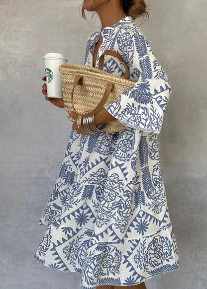 Femme Robe Midi Oversize à Imprimé Bohème avec Col V et Manches Trois-Quarts