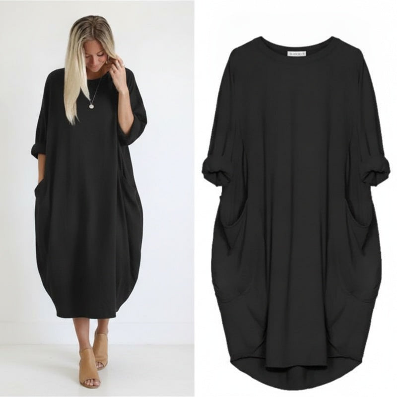 Femme Robe Midi Oversize Manches Trois-Quarts Col Rond avec Poches