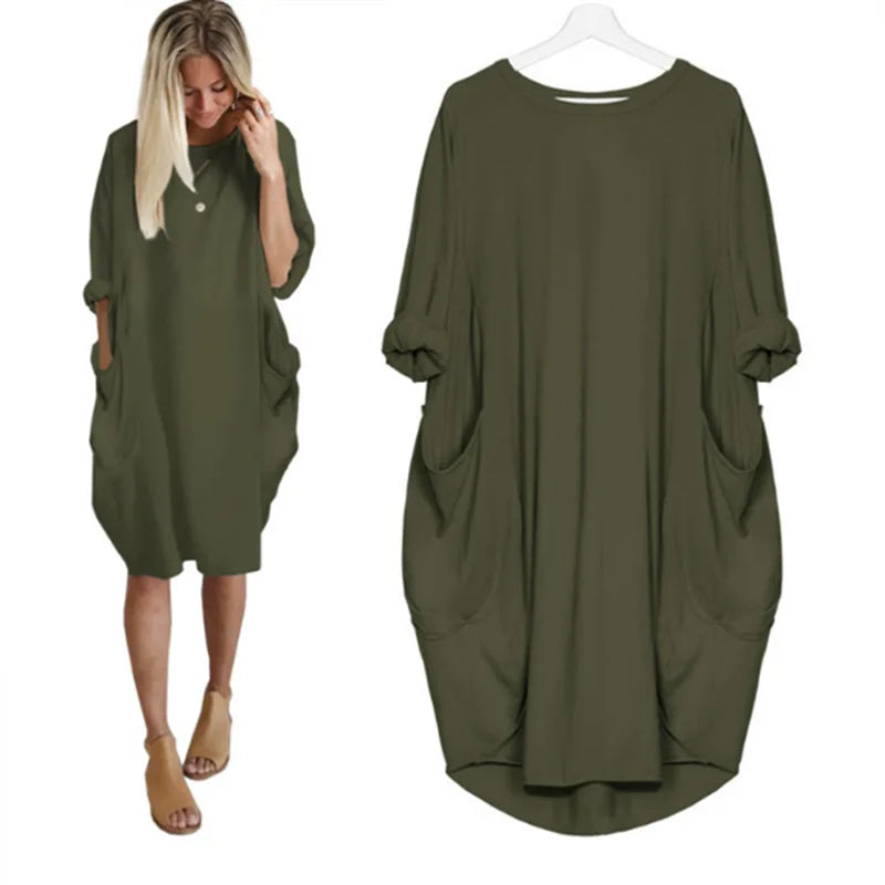 Femme Robe Midi Oversize Manches Trois-Quarts Col Rond avec Poches