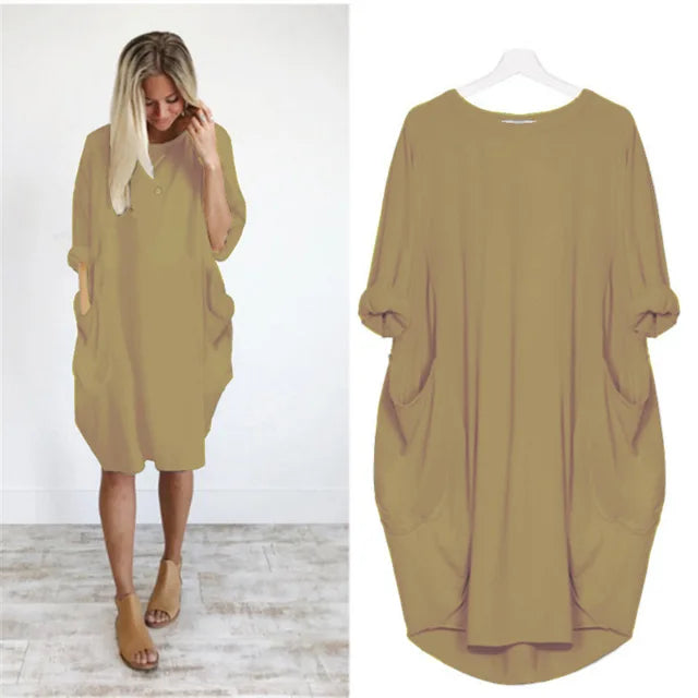 Femme Robe Midi Oversize Manches Trois-Quarts Col Rond avec Poches