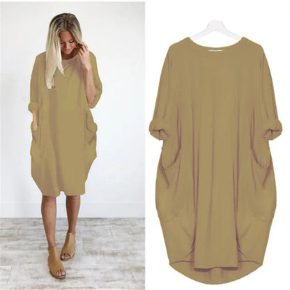Femme Robe Midi Oversize Manches Trois-Quarts Col Rond avec Poches