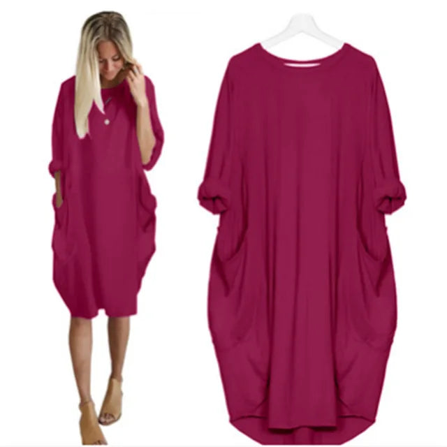 Femme Robe Midi Oversize Manches Trois-Quarts Col Rond avec Poches