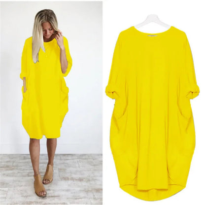 Femme Robe Midi Oversize Manches Trois-Quarts Col Rond avec Poches