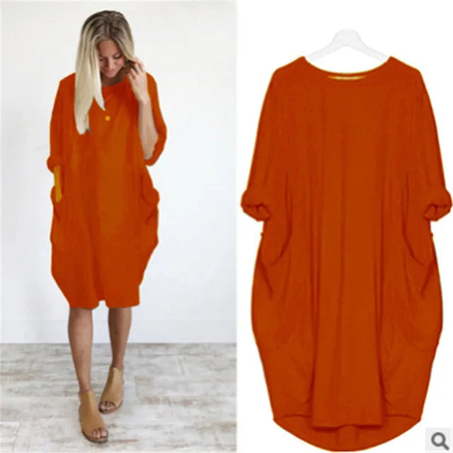 Femme Robe Midi Oversize Manches Trois-Quarts Col Rond avec Poches