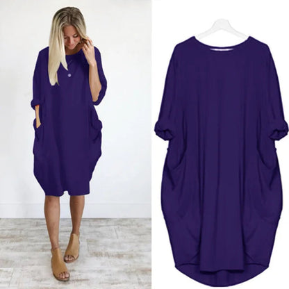 Femme Robe Midi Oversize Manches Trois-Quarts Col Rond avec Poches