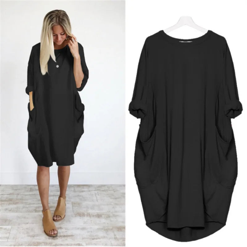 Femme Robe Midi Oversize Manches Trois-Quarts Col Rond avec Poches