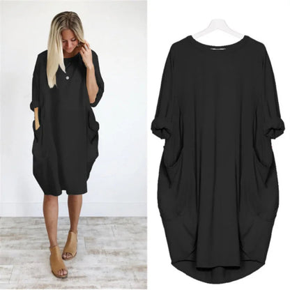 Femme Robe Midi Oversize Manches Trois-Quarts Col Rond avec Poches