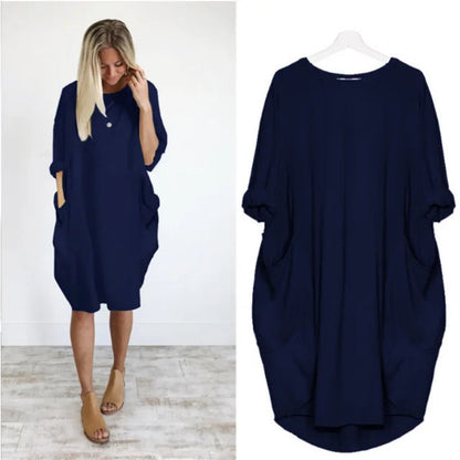 Femme Robe Midi Oversize Manches Trois-Quarts Col Rond avec Poches