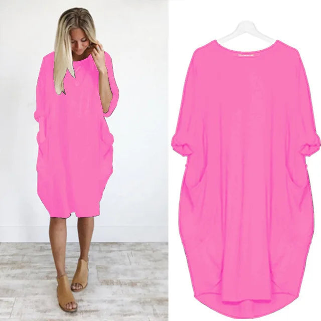 Femme Robe Midi Oversize Manches Trois-Quarts Col Rond avec Poches