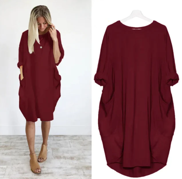 Femme Robe Midi Oversize Manches Trois-Quarts Col Rond avec Poches