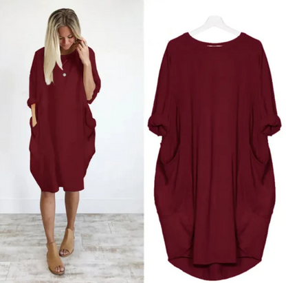 Femme Robe Midi Oversize Manches Trois-Quarts Col Rond avec Poches