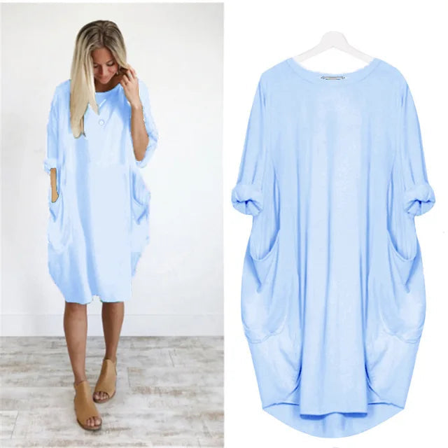 Femme Robe Midi Oversize Manches Trois-Quarts Col Rond avec Poches
