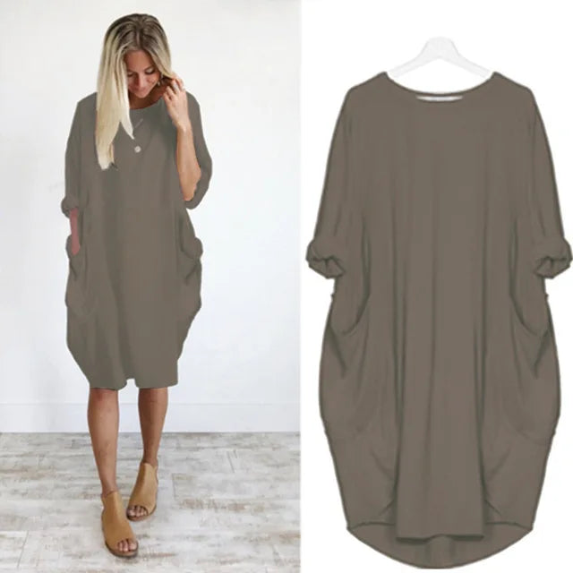 Femme Robe Midi Oversize Manches Trois-Quarts Col Rond avec Poches