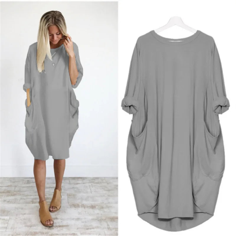 Femme Robe Midi Oversize Manches Trois-Quarts Col Rond avec Poches