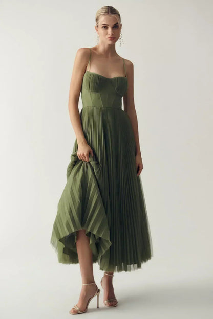 Femme Robe Midi Plissée sans Bretelles avec Bustier et Jupe Évasée
